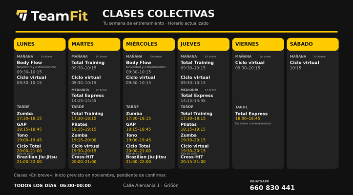 Horario de clases colectivas · TeamFit Griñón