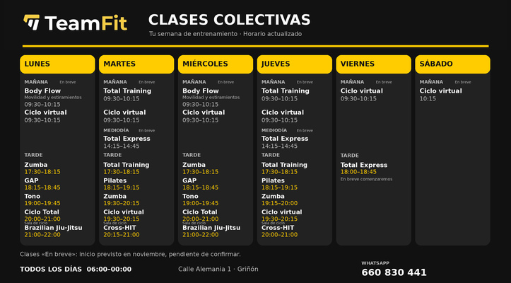 Horario de clases colectivas · TeamFit Griñón