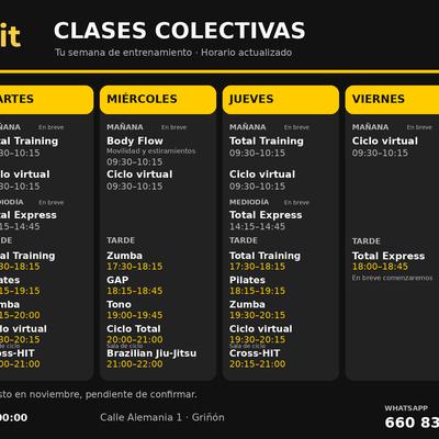 Horario de clases colectivas · TeamFit Griñón